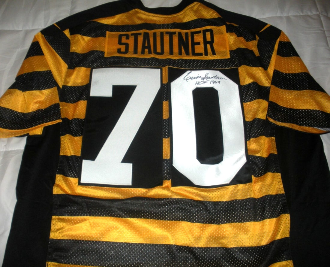 Autographed Nike Jersey with COA Ernie Stautner Pittsburgh Steelers: Autographed Nike Jersey with COA Ernie Stautner Pittsburgh Steelers This is an official licensed Nike jersey signed by Ernie Stautner of the Pittsburgh Steelers. The jersey comes with a certificate of