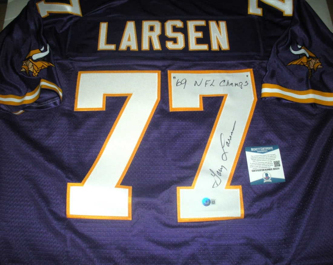 Gary Larsen Autographed Minnesota Vikings Proline Jersey With Beckett COA: Gary Larsen Autographed Minnesota Vikings Proline Jersey With Beckett COA This official licensed Proline jersey has been signed by Gary Larsen, a notable player for the Minnesota Vikings. The jersey i