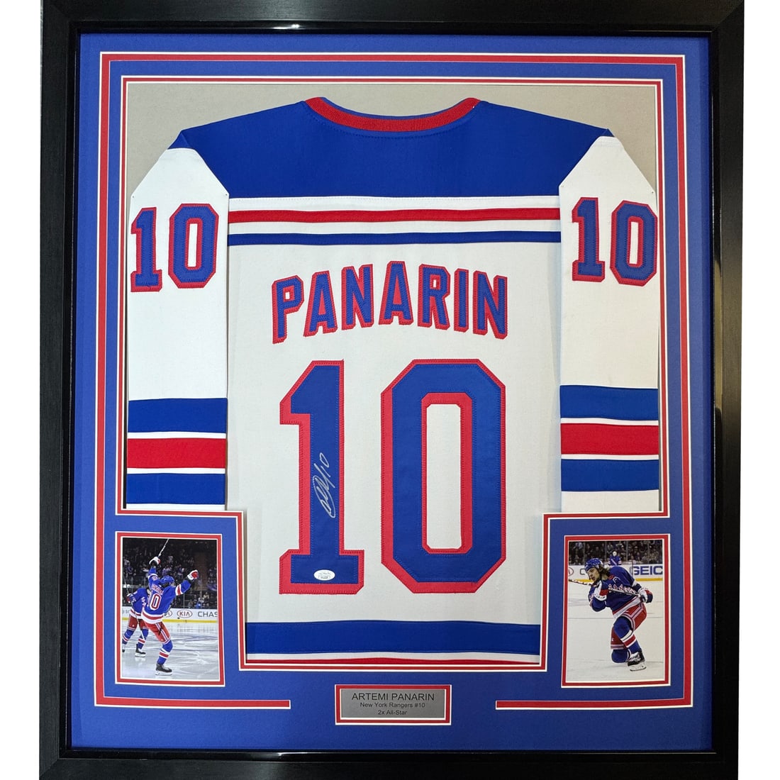 Framed Autographed Artemi Panarin New York Rangers Jersey with JSA COA: Framed Autographed Artemi Panarin New York Rangers Jersey with JSA COA Celebrate your love for hockey with this professionally framed autographed Artemi Panarin New York Rangers jersey. Measuring 35x3