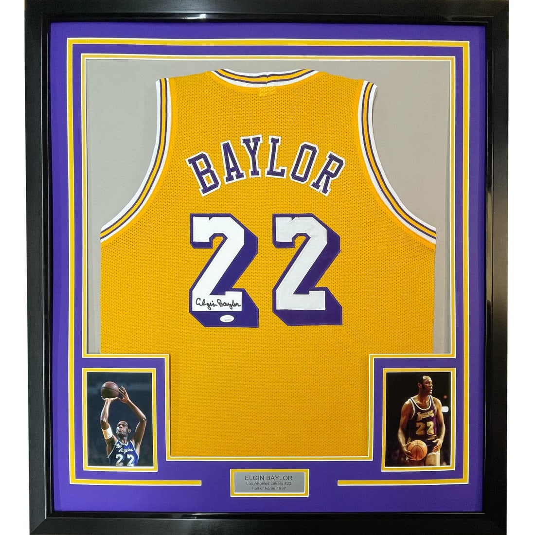 Framed Elgin Baylor Autographed Lakers Jersey 33x42 with JSA COA: Framed Elgin Baylor Autographed Lakers Jersey 33x42 with JSA COA Celebrate the legacy of basketball legend Elgin Baylor with this framed autographed Los Angeles Lakers jersey. This authentic jersey is