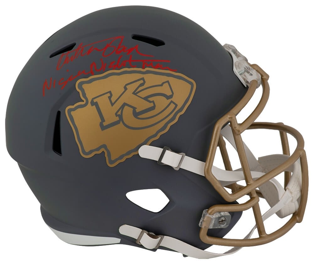 Kansas City Chiefs Slate Riddell Full Size Helmet Signed by Christian Okoye: Kansas City Chiefs Slate Riddell Full Size Helmet Signed by Christian Okoye This Kansas City Chiefs Slate Riddell full size speed replica helmet is hand-signed by Christian Okoye with the 'Nigerian Ni