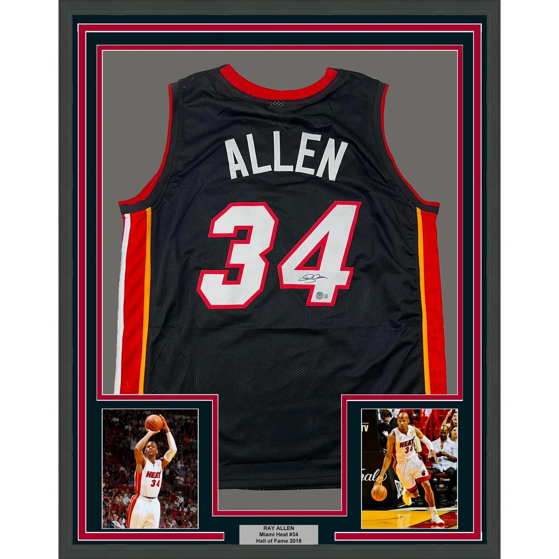 Ray Allen Autographed Framed Miami Heat Jersey with Beckett COA: Ray Allen Autographed Framed Miami Heat Jersey with Beckett COA Celebrate the legacy of Ray Allen with this stunning framed and autographed Miami Heat jersey. This original item, authenticated by Beck