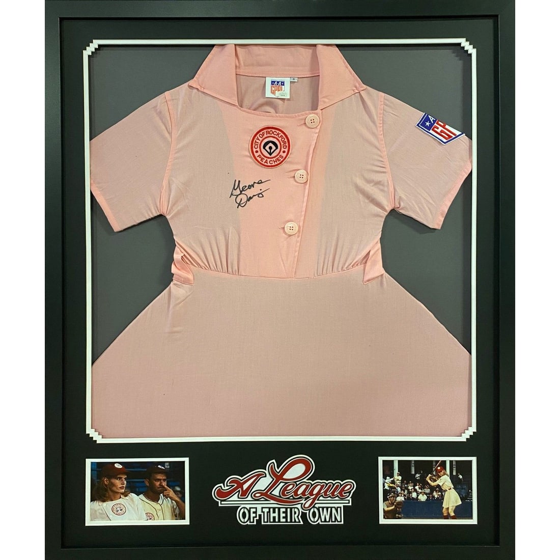 Geena Davis Signed Framed Dress A League Of Their Own JSA Certified: Geena Davis Signed Framed Dress A League Of Their Own JSA Certified This stunning framed dress, autographed by Geena Davis, is a must-have for fans of the classic film 'A League of Their Own.' The jer