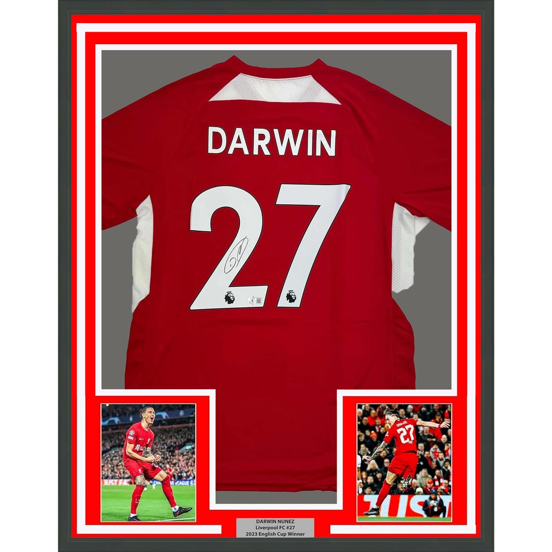Framed Signed Darwin Nunez Liverpool Jersey with Beckett COA: Framed Signed Darwin Nunez Liverpool Jersey with Beckett COA Celebrate your love for Liverpool with this professionally framed autographed jersey of Darwin Nunez. This original Premier League item fea