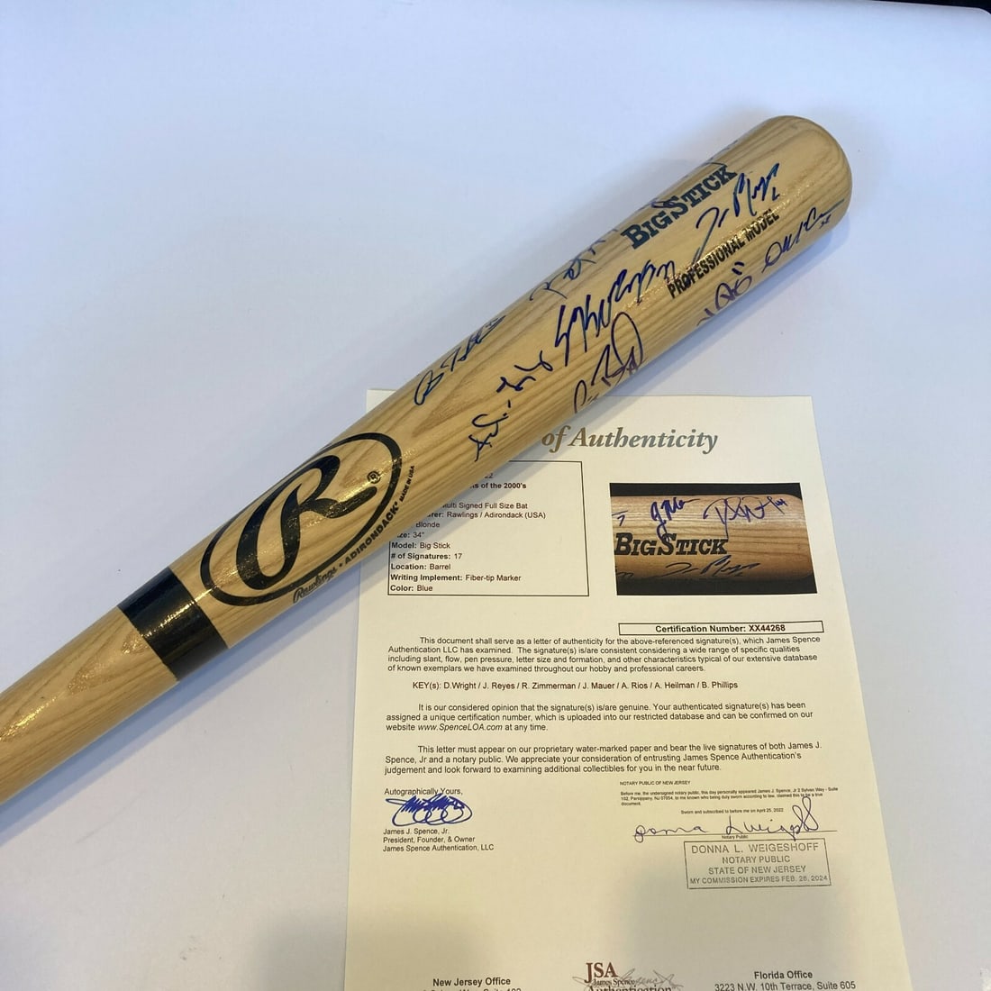 Joe Mauer David Wright Signed Bat with JSA COA - MLB Rookie Prospects: Joe Mauer David Wright Signed Bat with JSA COA - MLB Rookie Prospects This signed baseball bat features the autographs of notable MLB players Joe Mauer, David Wright, Jose Reyes, Brandon Phillips, Ale