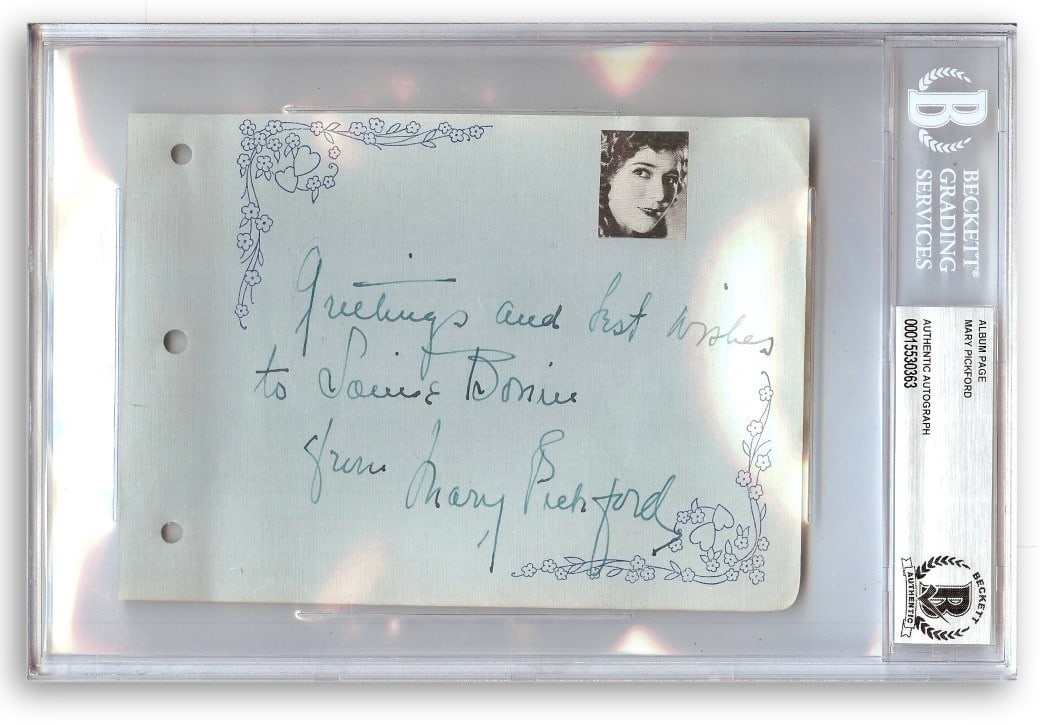 Beckett Authenticated Mary Pickford Signed Album Page Hollywood Icon: Beckett Authenticated Mary Pickford Signed Album Page Hollywood Icon This is an original album page autographed by Hollywood legend Mary Pickford. The autograph has been authenticated by Beckett Authe