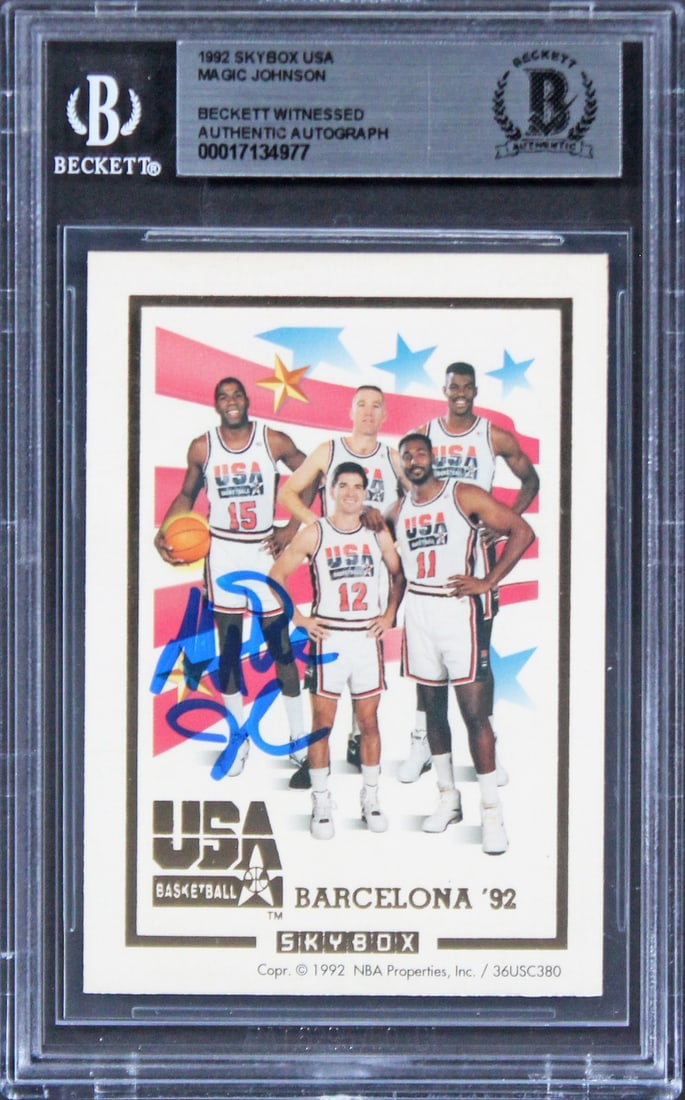 Magic Johnson Signed 1992 Skybox USA Card Los Angeles Lakers Beckett Authenticated: Magic Johnson Signed 1992 Skybox USA Card Los Angeles Lakers Beckett Authenticated This is an authentic autographed 1992 Skybox USA card featuring Magic Johnson of the Los Angeles Lakers. The card has