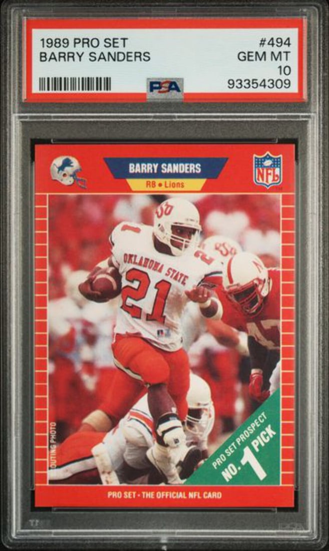 1989 Pro Set Barry Sanders Rookie Card PSA 10 Gem Mint NFL: 1989 Pro Set Barry Sanders Rookie Card PSA 10 Gem Mint NFL This 1989 Pro Set Barry Sanders #494 Rookie RC Football Card is a remarkable addition for any collector. Graded a perfect PSA 10 Gem Mint, th