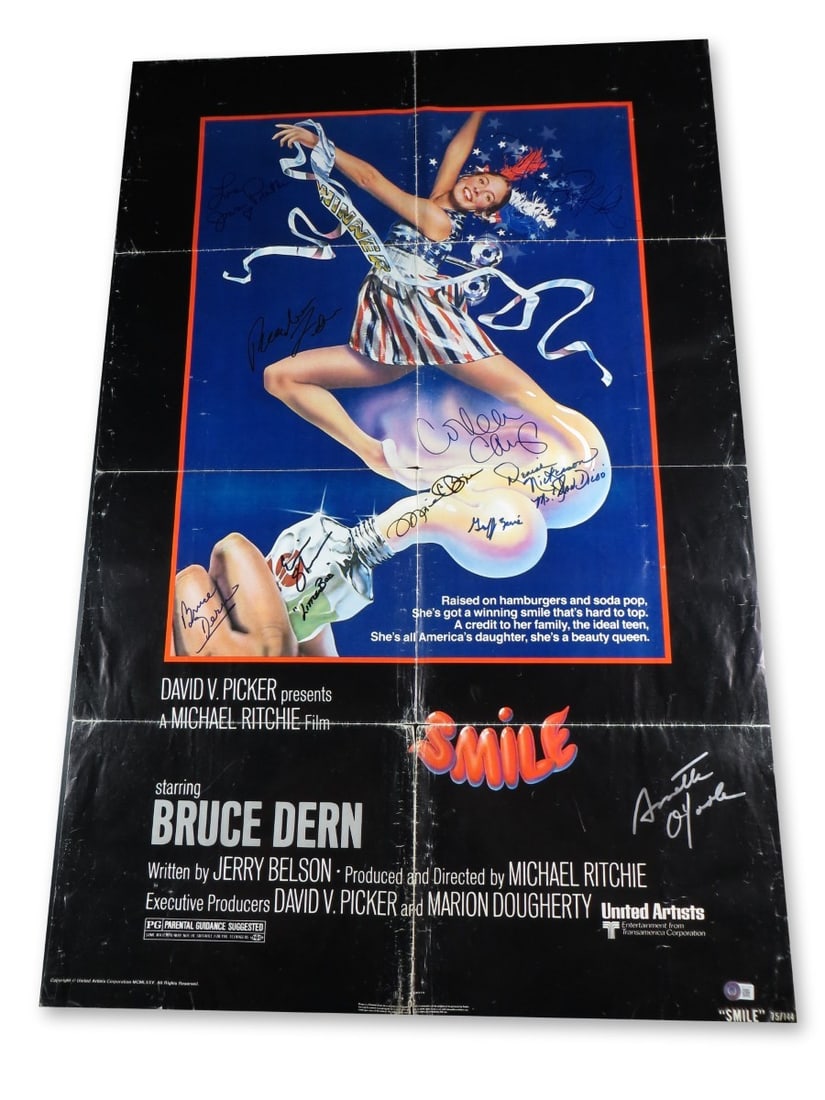 Smile Cast Autographed 27X40 Poster Beckett Authenticated 9 Signatures: Smile Cast Autographed 27X40 Poster Beckett Authenticated 9 Signatures This original 27x40 poster features the autographs of the cast from the film Smile, including notable signatures from Bruce Dern,