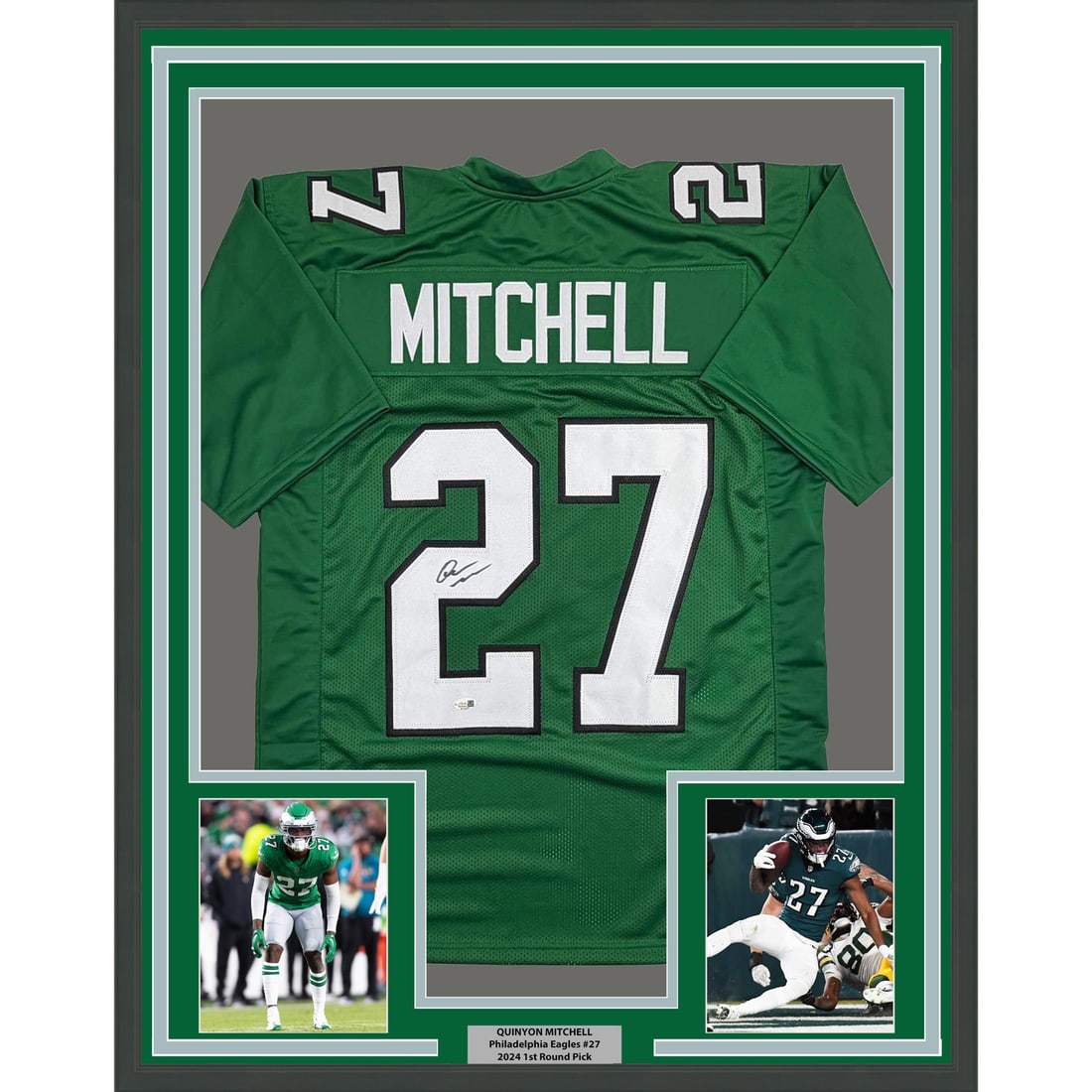 Quinyon Mitchell Framed 35x39 Signed Kelly Green Jersey With JSA Authentication: Quinyon Mitchell Framed 35x39 Signed Kelly Green Jersey With JSA Authentication This framed Quinyon Mitchell Kelly Green jersey features an authentic autograph and comes with certification from James