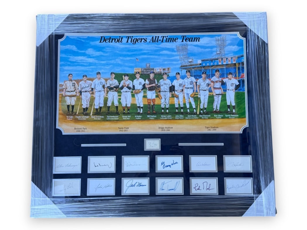 Detroit Tigers Framed Autographed Cuts Ty Cobb Al Kaline Kirk Gibson Beckett Authenticated: Detroit Tigers Framed Autographed Cuts Ty Cobb Al Kaline Kirk Gibson Beckett Authenticated Celebrate the legacy of the Detroit Tigers with this exclusive framed display featuring autographs from legen