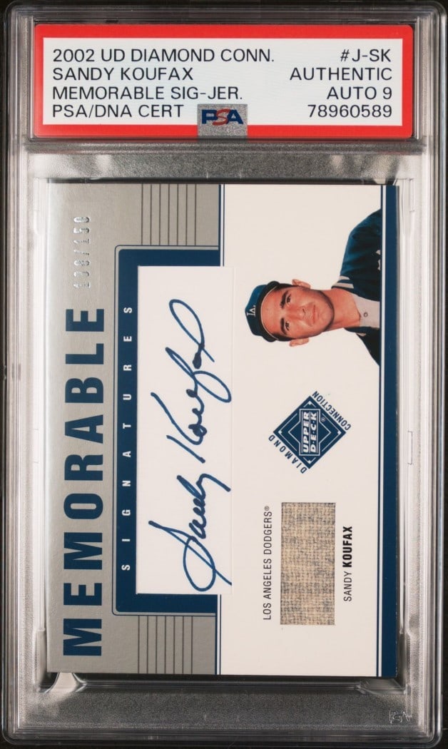Sandy Koufax 2002 UD Diamond Connection PSA 9 Auto #J-SK: Sandy Koufax 2002 UD Diamond Connection PSA 9 Auto #J-SK This is a 2002 UD Diamond Connection Memorable Sig baseball card featuring Sandy Koufax, a legendary player for the Los Angeles Dodgers. This c