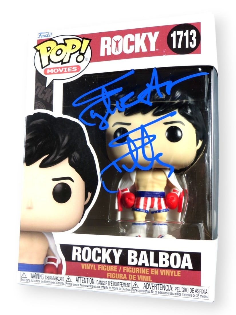 Sylvester Stallone Signed Funko POP Rocky Balboa Beckett Authenticated: Sylvester Stallone Signed Funko POP Rocky Balboa Beckett Authenticated This collectible features a Funko POP! figure of Rocky Balboa, autographed by the legendary Sylvester Stallone. The signature has
