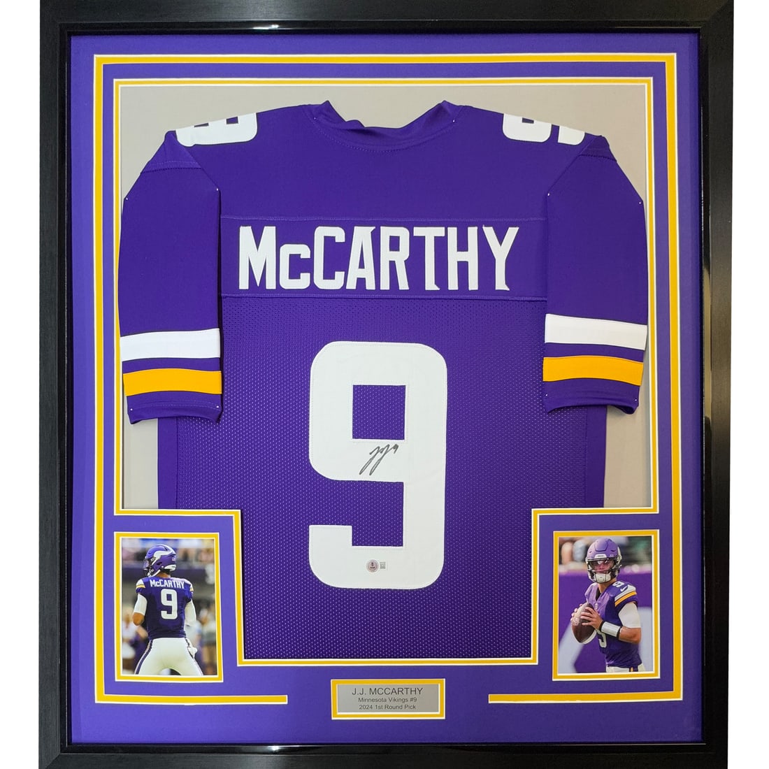 Framed J.J. McCarthy Autographed Minnesota Vikings Jersey BAS COA 35x39: Framed J.J. McCarthy Autographed Minnesota Vikings Jersey BAS COA 35x39 Showcase your passion for football with this professionally framed and autographed J.J. McCarthy Minnesota Purple Jersey. Measur