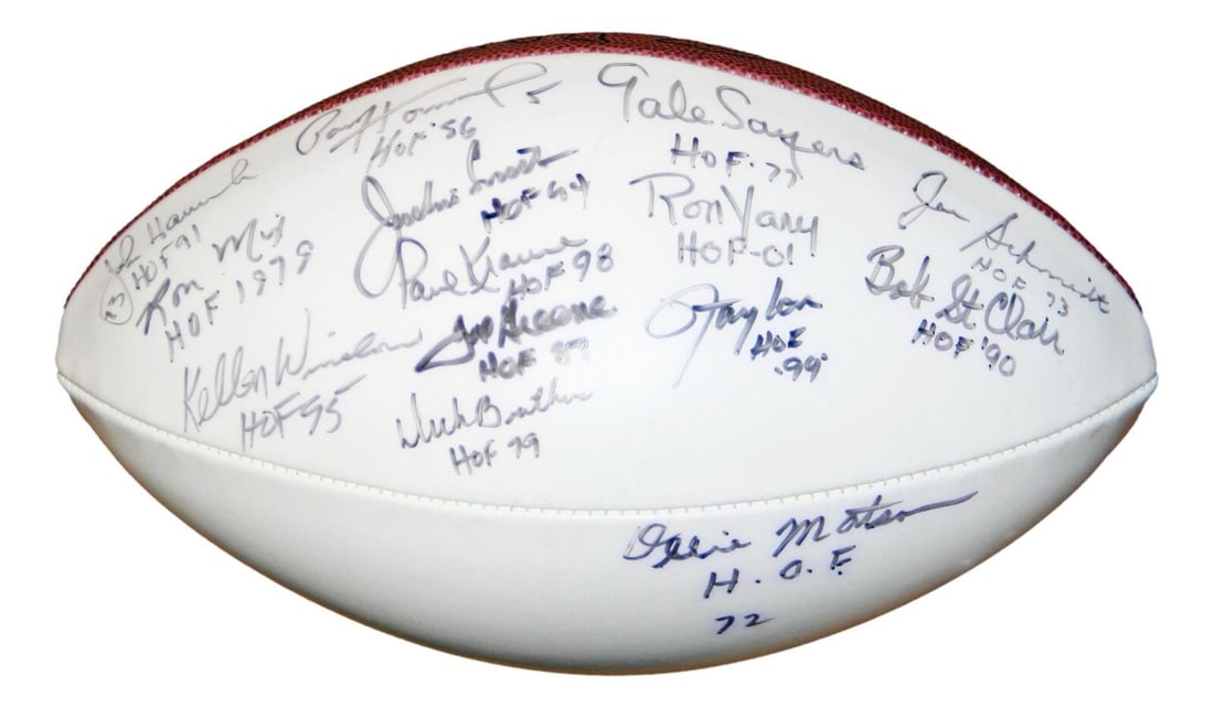 Hall of Fame Football with 14 Signatures Lawrence Taylor Green Matson Hornung: Hall of Fame Football with 14 Signatures Lawrence Taylor Green Matson Hornung This Hall of Fame Autographed Football features a remarkable collection of 14 signatures, including the legendary Lawrence