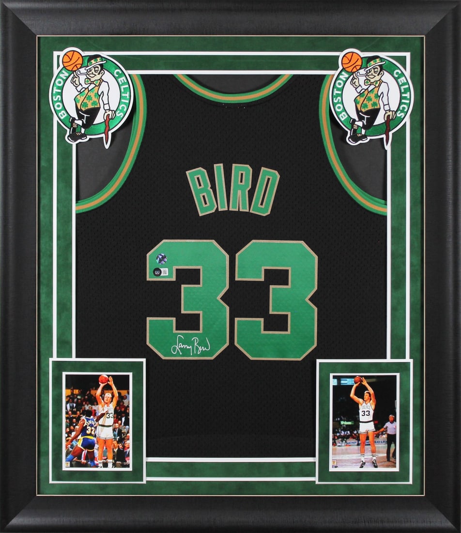 Larry Bird Signed Framed Black M&N Jersey Boston Celtics BAS Authenticated (1 of 2)