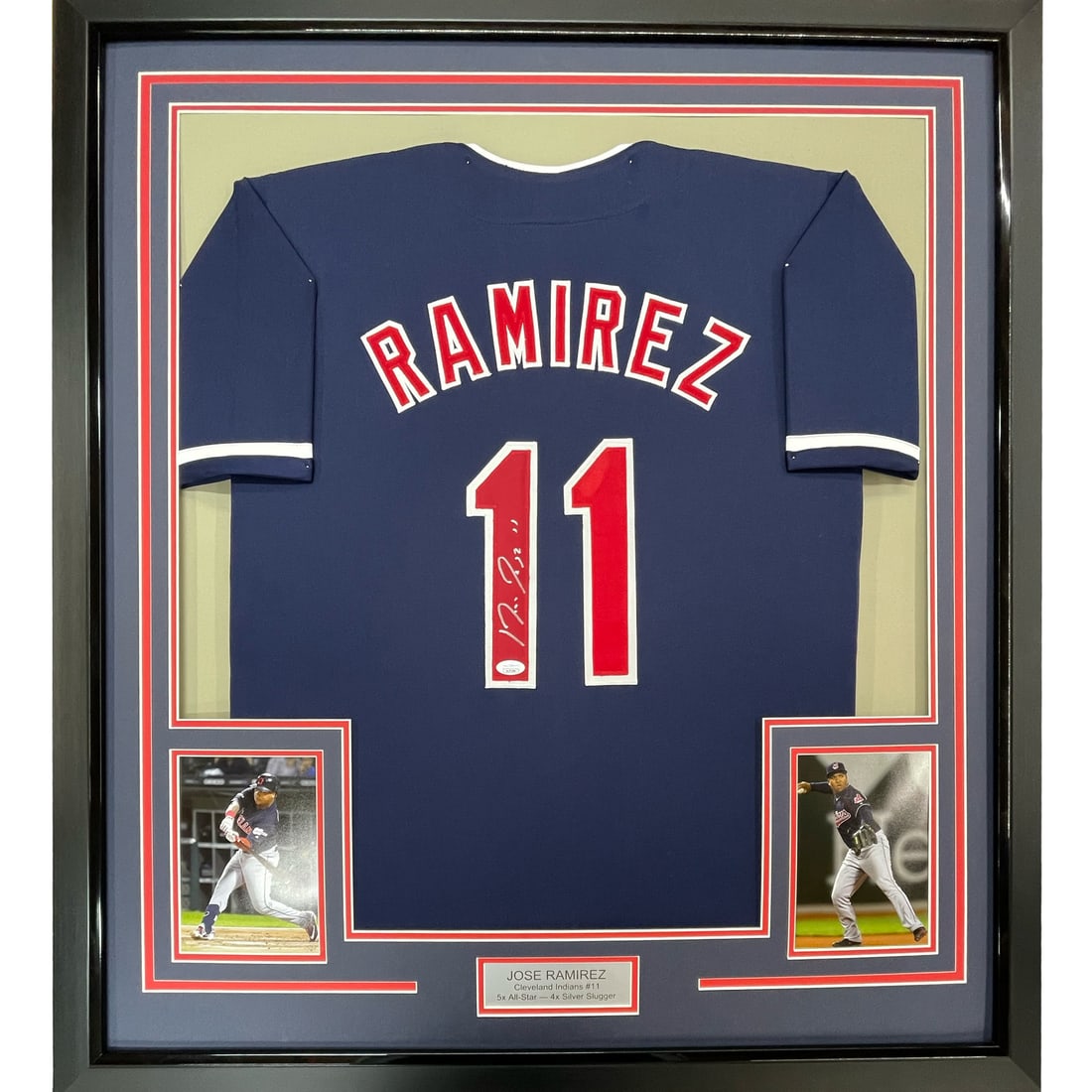Jose Ramirez Signed Cleveland Indians Framed Blue Jersey with Beckett COA 33x42: Jose Ramirez Signed Cleveland Indians Framed Blue Jersey with Beckett COA 33x42 This professionally framed and matted Cleveland Indians blue jersey features the authentic autograph of MLB player Jose