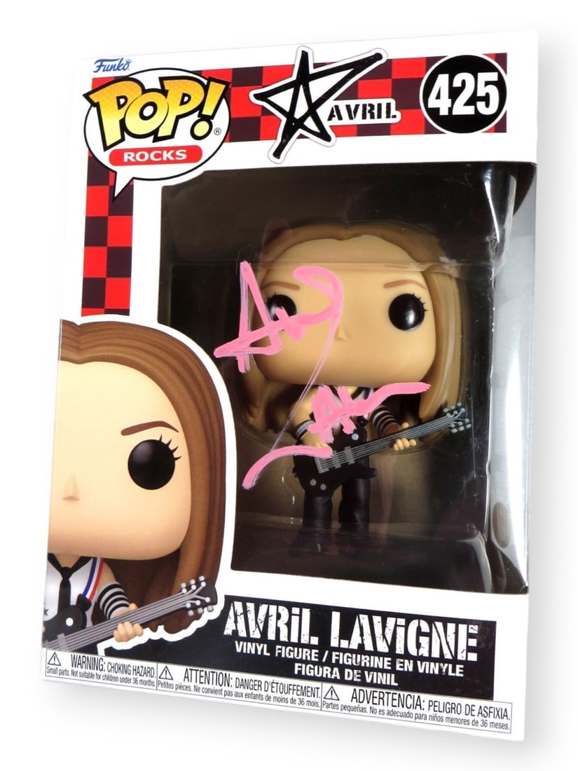 Avril Lavigne Signed Funko POP! Figure #425 Pink Ink JSA Authenticated: Avril Lavigne Signed Funko POP! Figure #425 Pink Ink JSA Authenticated This is an original Funko POP! figure of Avril Lavigne, featuring her signature in pink ink. The autograph has been authenticated