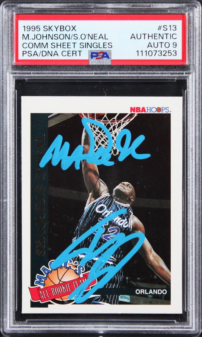 Magic Johnson Shaquille O'Neal Signed 1995 Skybox Card PSA Mint 9: Magic Johnson Shaquille O'Neal Signed 1995 Skybox Card PSA Mint 9 Own a piece of basketball history with this 1995 Skybox #S13 card, personally signed by NBA legends Magic Johnson and Shaquille O'Neal