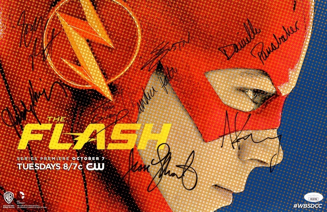 Flash Cast Autographed 11X17 Poster 8 Signatures JSA Certified: Flash Cast Autographed 11X17 Poster 8 Signatures JSA Certified Celebrate the iconic cast of "The Flash" with this autographed 11X17 poster. This original piece features signatures from Grant Gustin, J