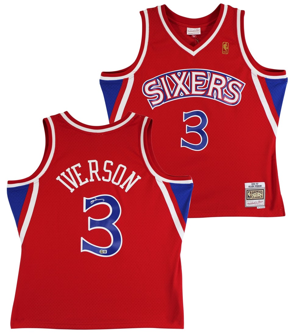 Allen Iverson Signed Red 1996-97 76ers Swingman Jersey BAS Authenticated: Allen Iverson Signed Red 1996-97 76ers Swingman Jersey BAS Authenticated This authentic red Mitchell & Ness Hardwood Classics Swingman Jersey from the 1996-97 season features the legendary Allen Ivers