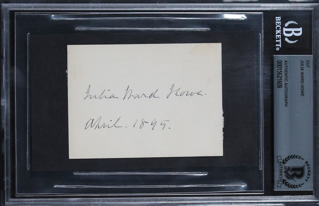 Julia Ward Howe Signed Cut Signature April 1895 Beckett Authenticated 2.5x3.5: Julia Ward Howe Signed Cut Signature April 1895 Beckett Authenticated 2.5x3.5 This is an authentic signed cut signature of Julia Ward Howe, measuring 2.5x3.5 inches, featuring the inscription "April 1
