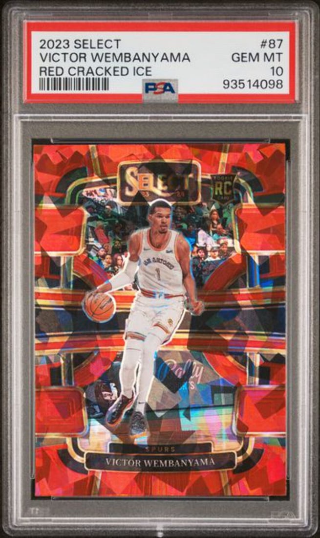 2023 Panini Select Victor Wembanyama #87 Red Cracked Ice RC PSA 10: 2023 Panini Select Victor Wembanyama #87 Red Cracked Ice RC PSA 10 This 2023 Panini Select Victor Wembanyama #87 Red Cracked Ice RC Card is a remarkable collectible for basketball enthusiasts. Graded