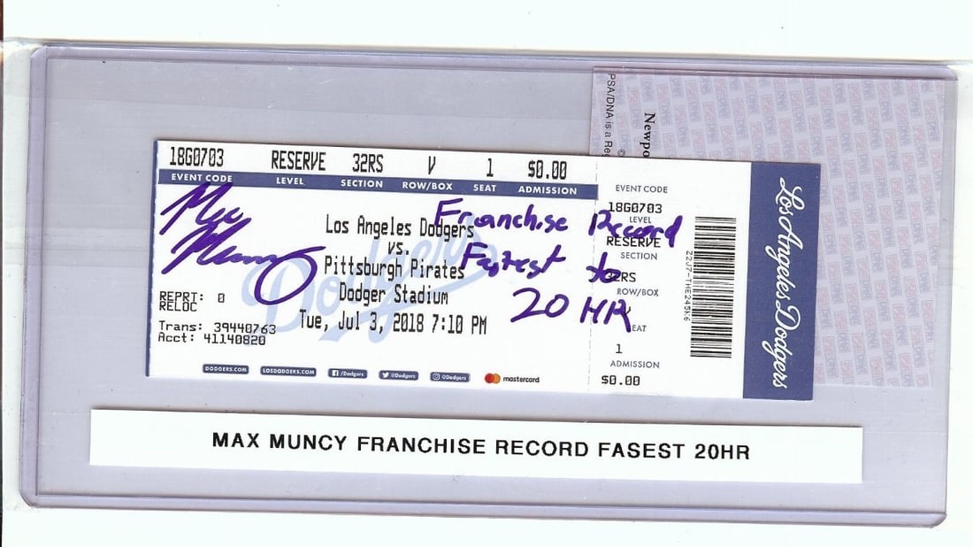 Signed Max Muncy Dodgers Ticket Stub PSA DNA Autograph Fastest to 20 HR: Signed Max Muncy Dodgers Ticket Stub PSA DNA Autograph Fastest to 20 HR This is an original ticket stub autographed by Max Muncy, commemorating his achievement as the "Fastest to 20 HR" for the Los