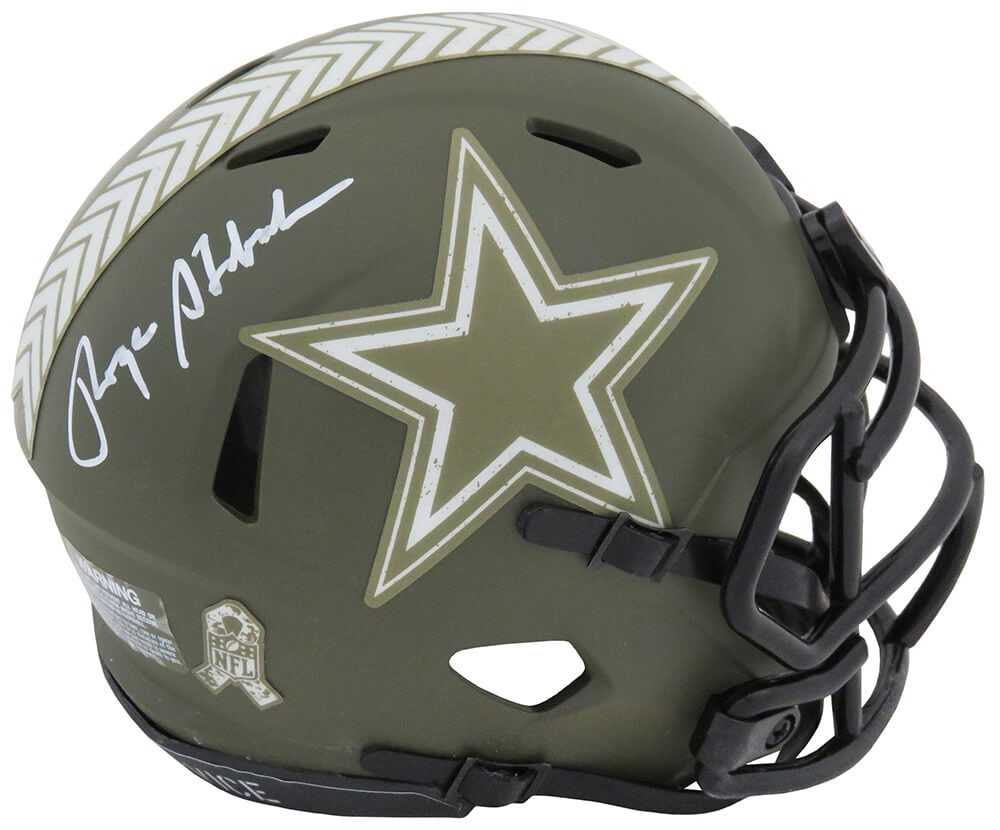Roger Staubach Autographed Dallas Cowboys Salute Mini Helmet with COA: Roger Staubach Autographed Dallas Cowboys Salute Mini Helmet with COA This authentic Roger Staubach signed Dallas Cowboys Salute to Service Riddell Speed mini helmet is a must-have for any football