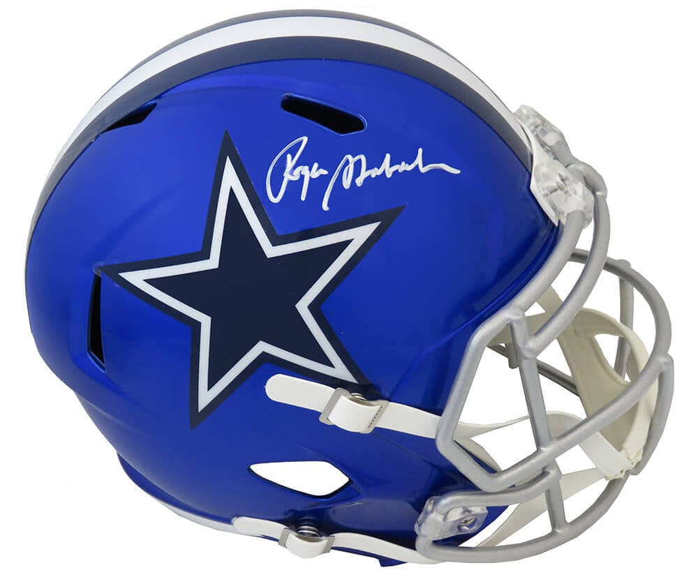 Roger Staubach Signed Dallas Cowboys FLASH Riddell Helmet with COA: Roger Staubach Signed Dallas Cowboys FLASH Riddell Helmet with COA Celebrate the legacy of football legend Roger Staubach with this signed Dallas Cowboys FLASH Riddell full-size speed replica helmet.