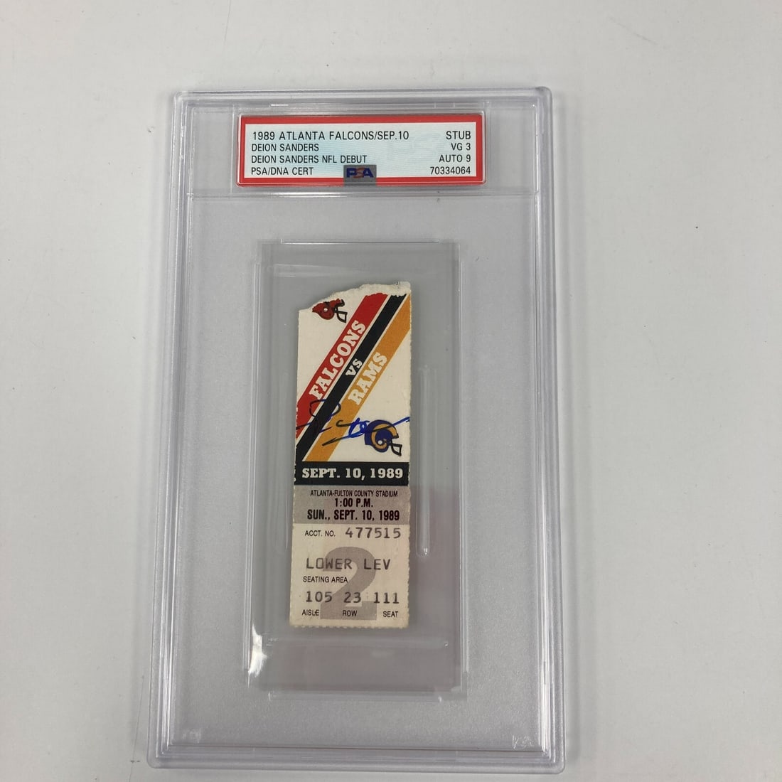 Deion Sanders Signed NFL Debut Ticket 1989 PSA DNA Mint 9: Deion Sanders Signed NFL Debut Ticket 1989 PSA DNA Mint 9 Commemorate a historic moment in sports with this Deion Sanders Signed NFL Debut Ticket from September 10, 1989. This ticket, graded MINT 9