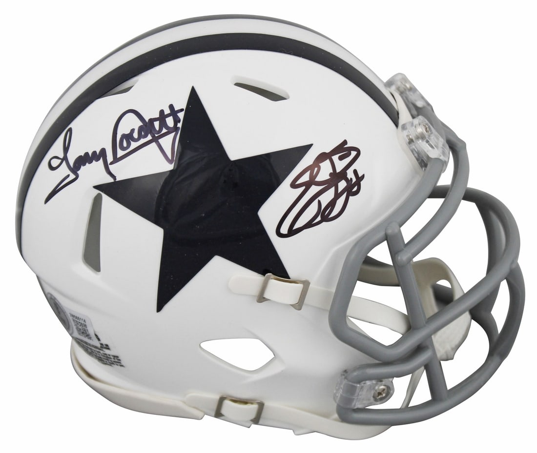 Emmitt Smith Tony Dorsett Signed 1960-63 Cowboys Mini Helmet BAS Authenticated: Emmitt Smith Tony Dorsett Signed 1960-63 Cowboys Mini Helmet BAS Authenticated This authentic 1960-63 Throwback Speed Mini Helmet is personally signed by NFL legends Emmitt Smith and Tony Dorsett of t