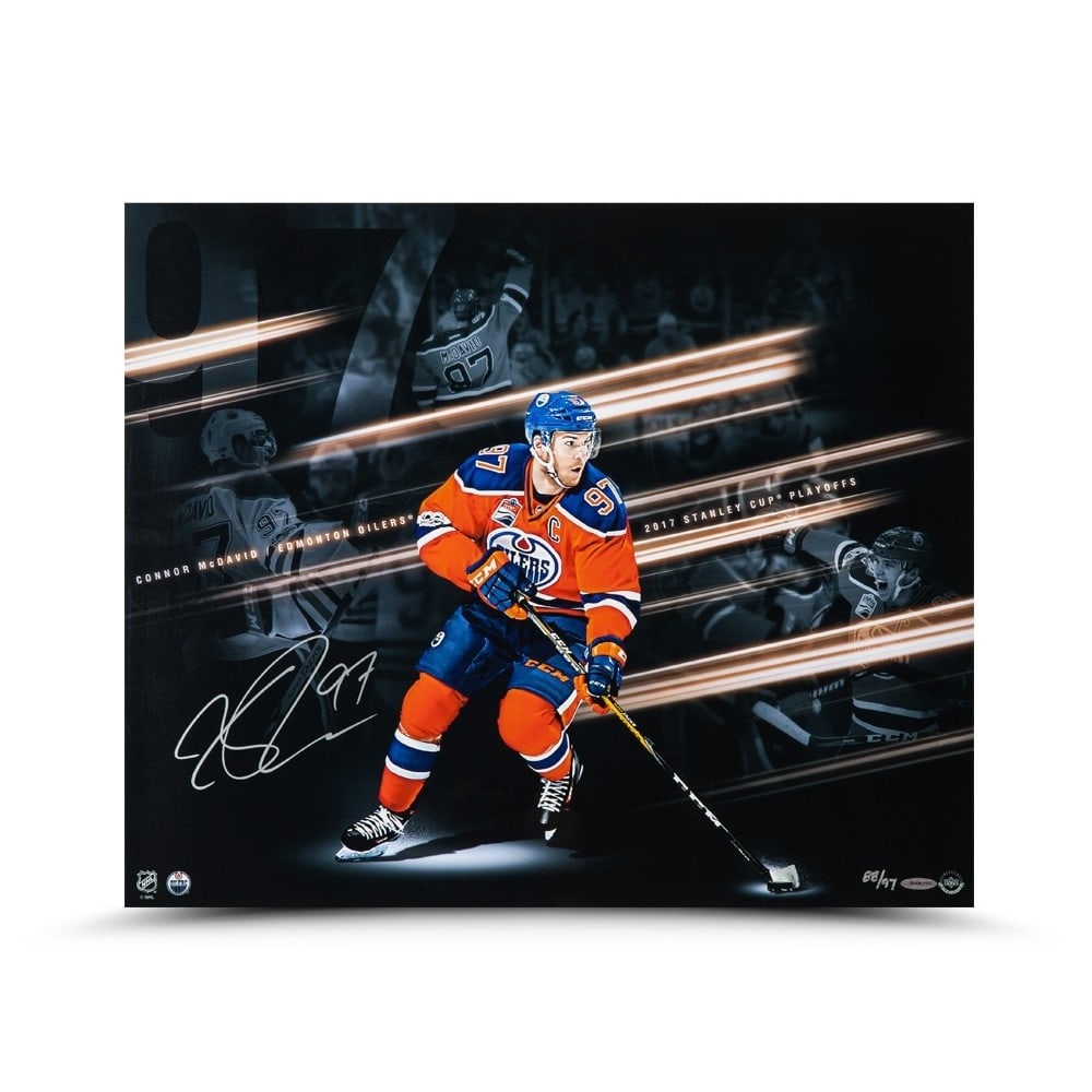 Connor McDavid Autographed 20x24 Photo Limited Edition #/97 Oilers: Connor McDavid Autographed 20x24 Photo Limited Edition #/97 Oilers This collectible features a Connor McDavid autographed 20X24 photo, commemorating his impressive performance during the 2017 Playoffs