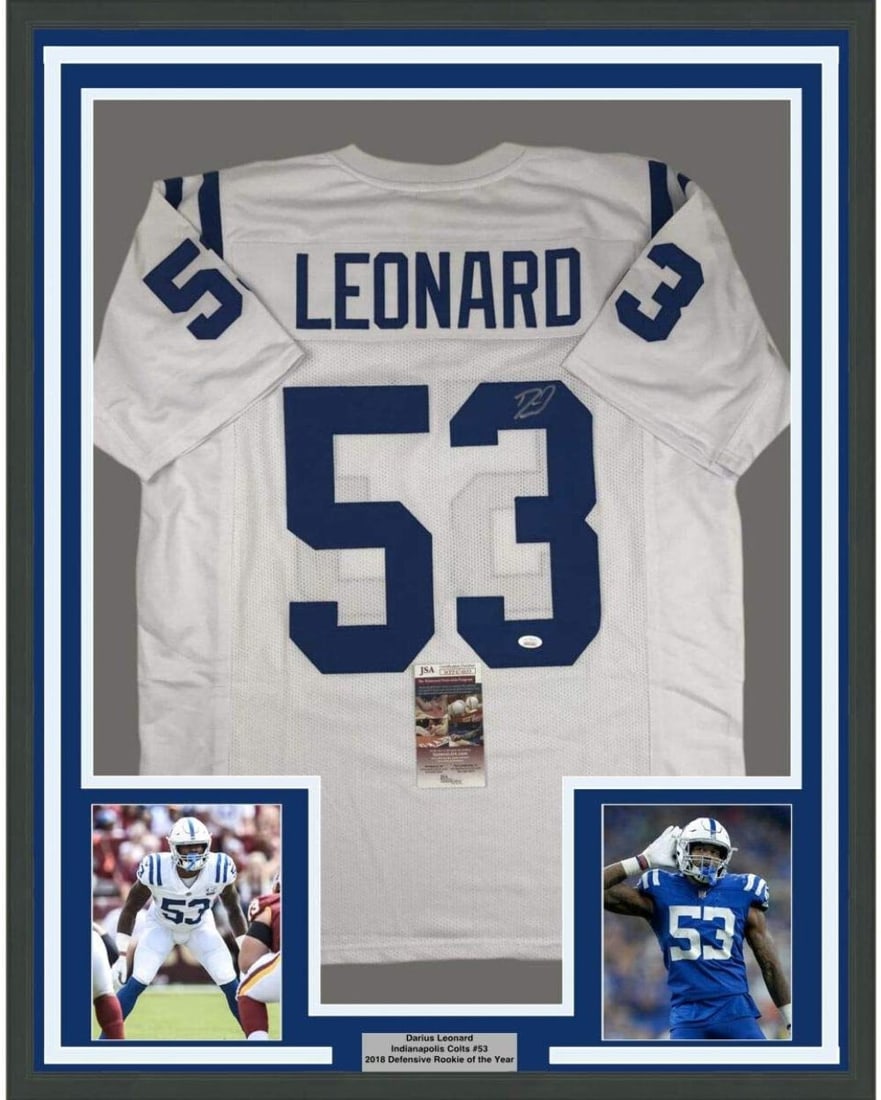 Framed Autographed Shaquille Leonard Jersey 33x42 JSA COA Indianapolis Colts: Framed Autographed Shaquille Leonard Jersey 33x42 JSA COA Indianapolis Colts Celebrate your passion for football with this stunning framed autographed jersey of NFL star Darius Shaquille Leonard. This