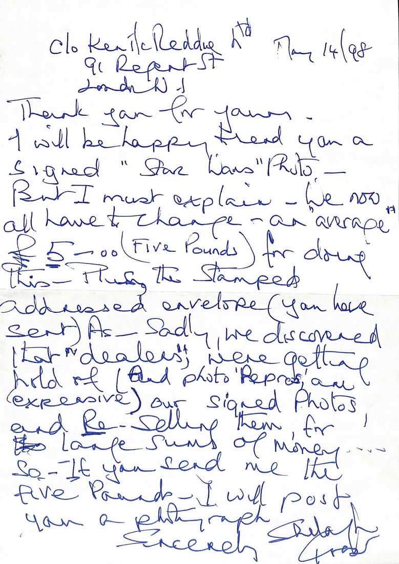 RARE Shelagh Fraser Star Wars Handwritten Letter Aunt Beru BECKETT Authenticated: RARE Shelagh Fraser Star Wars Handwritten Letter Aunt Beru BECKETT Authenticated This rare, full-page handwritten letter from Shelagh Fraser, renowned for her role as Aunt Beru Lars in Star Wars: A Ne