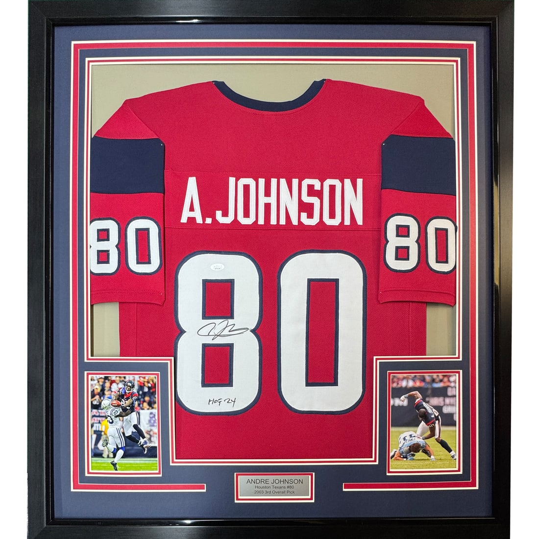 Andre Johnson Signed Houston Texans Jersey 33x42 Framed with JSA Authentication: Andre Johnson Signed Houston Texans Jersey 33x42 Framed with JSA Authentication This professionally framed and matted display features an autographed Houston Texans red jersey signed by Andre Johnson.
