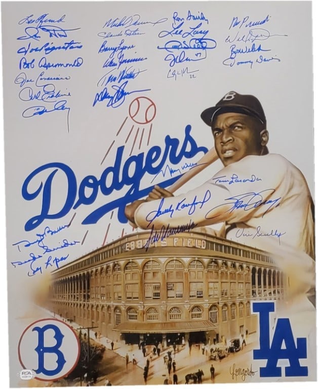 Vin Scully Sandy Koufax Kershaw Signed Dodgers 16x20 Photo PSA Authenticated: Vin Scully Sandy Koufax Kershaw Signed Dodgers 16x20 Photo PSA Authenticated This remarkable 16x20 photo features the legendary signatures of Vin Scully, Sandy Koufax, Clayton Kershaw, and many other