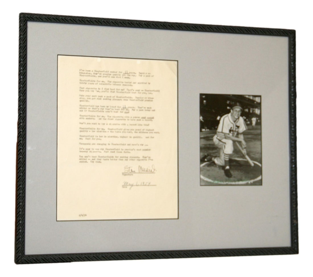 Stan Musial Autographed 1954 TLS Framed Photo JSA Authenticated: Stan Musial Autographed 1954 TLS Framed Photo JSA Authenticated This is an original 1954 Typed Letter Signed (TLS) by legendary baseball player Stan Musial, framed alongside a photo. The item features