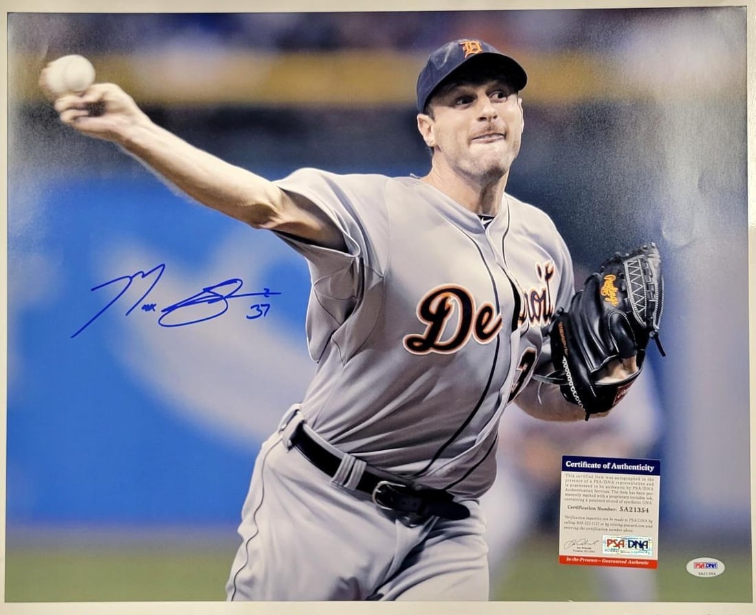 Max Scherzer Signed Detroit Tigers 16x20 Photo with PSA/DNA COA: Max Scherzer Signed Detroit Tigers 16x20 Photo with PSA/DNA COA This is a pre-owned 16x20 photo of Max Scherzer, featuring his autograph. The item has been authenticated by Professional Sports Authent