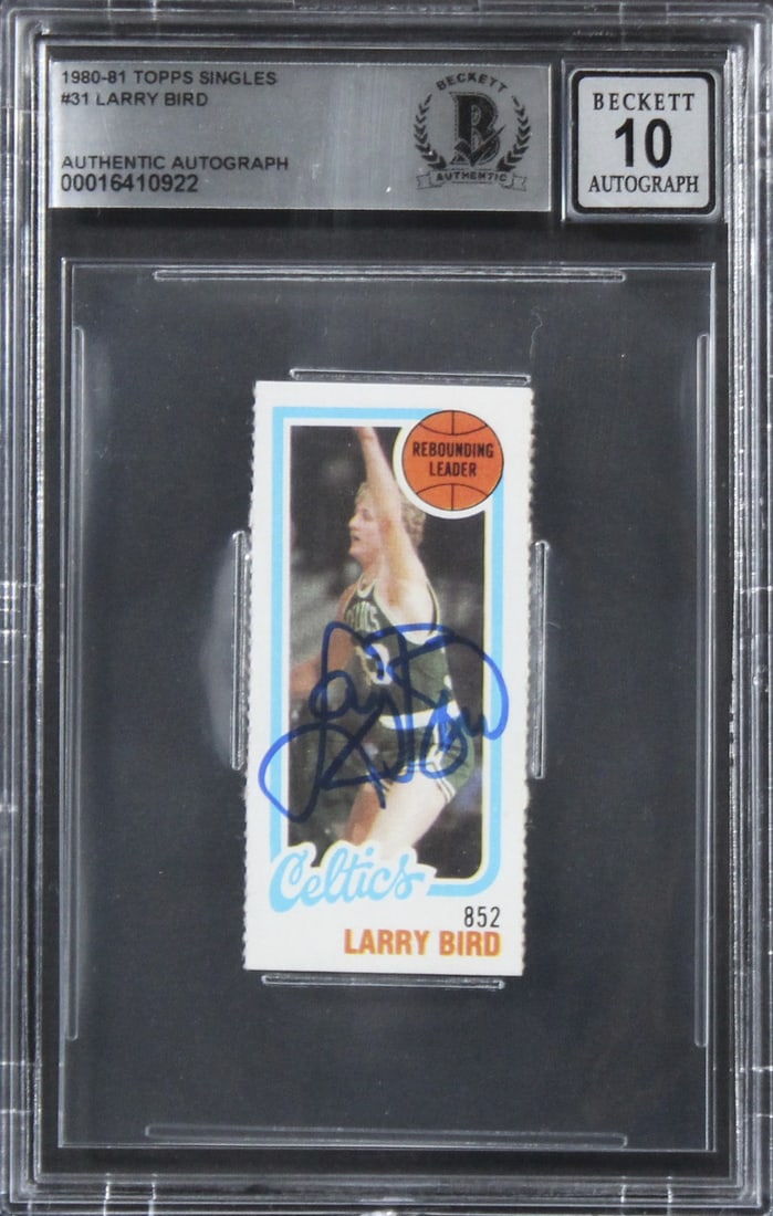 Larry Bird Signed 1980 Topps #31 Card Gem Mint 10 Beckett Authenticated: Larry Bird Signed 1980 Topps #31 Card Gem Mint 10 Beckett Authenticated This authentic autographed 1980 Topps Singles #31 card features the legendary Larry Bird, a star of the Boston Celtics. Graded G