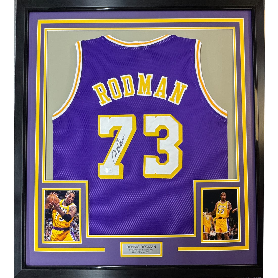 Framed Dennis Rodman Signed Lakers Jersey 35x39 with PSA COA: Framed Dennis Rodman Signed Lakers Jersey 35x39 with PSA COA This professionally framed and matted autographed Dennis Rodman Los Angeles Lakers jersey is a must-have for any basketball fan. Measuring