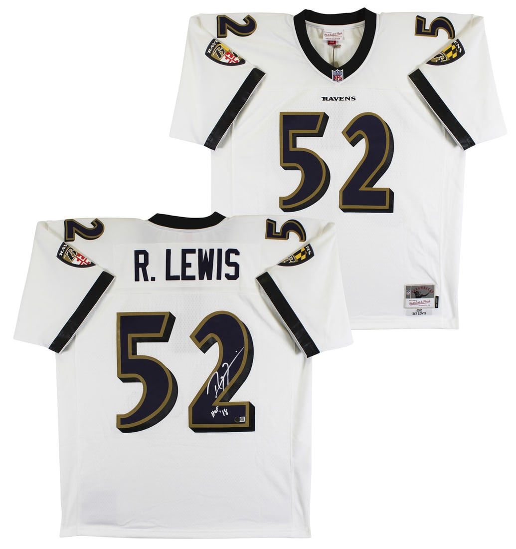 Ray Lewis Signed White Mitchell & Ness Jersey Baltimore Ravens BAS Witnessed: Ray Lewis Signed White Mitchell & Ness Jersey Baltimore Ravens BAS Witnessed Celebrate the legacy of Ray Lewis with this authentic signed white Mitchell & Ness jersey from the Baltimore Ravens. Person