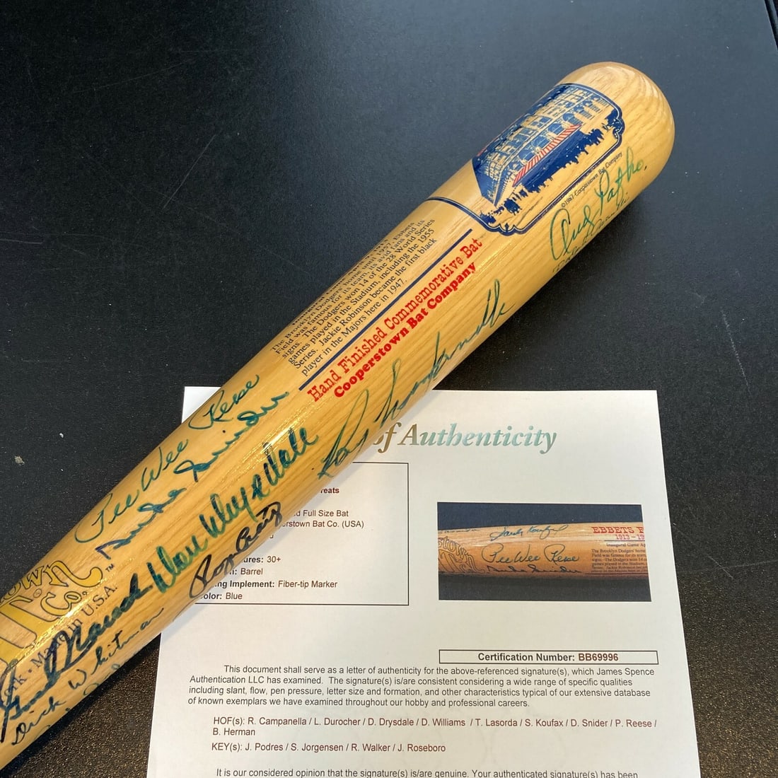 Brooklyn Dodgers Signed Commemorative Bat 45 Sigs Koufax Campanella JSA COA: Brooklyn Dodgers Signed Commemorative Bat 45 Sigs Koufax Campanella JSA COA This exceptional Ebbets Field commemorative bat, issued by the Cooperstown Bat Company, showcases the illustrious history of