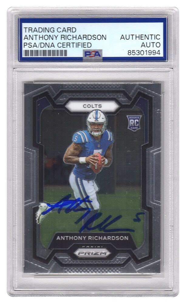 Anthony Richardson Signed Colts 2023 Prizm Rookie Card #343 PSA Authenticated: Anthony Richardson Signed Colts 2023 Prizm Rookie Card #343 PSA Authenticated This is a signed Indianapolis Colts 2023 Panini Prizm rookie card #343 featuring Anthony Richardson. The card has been aut