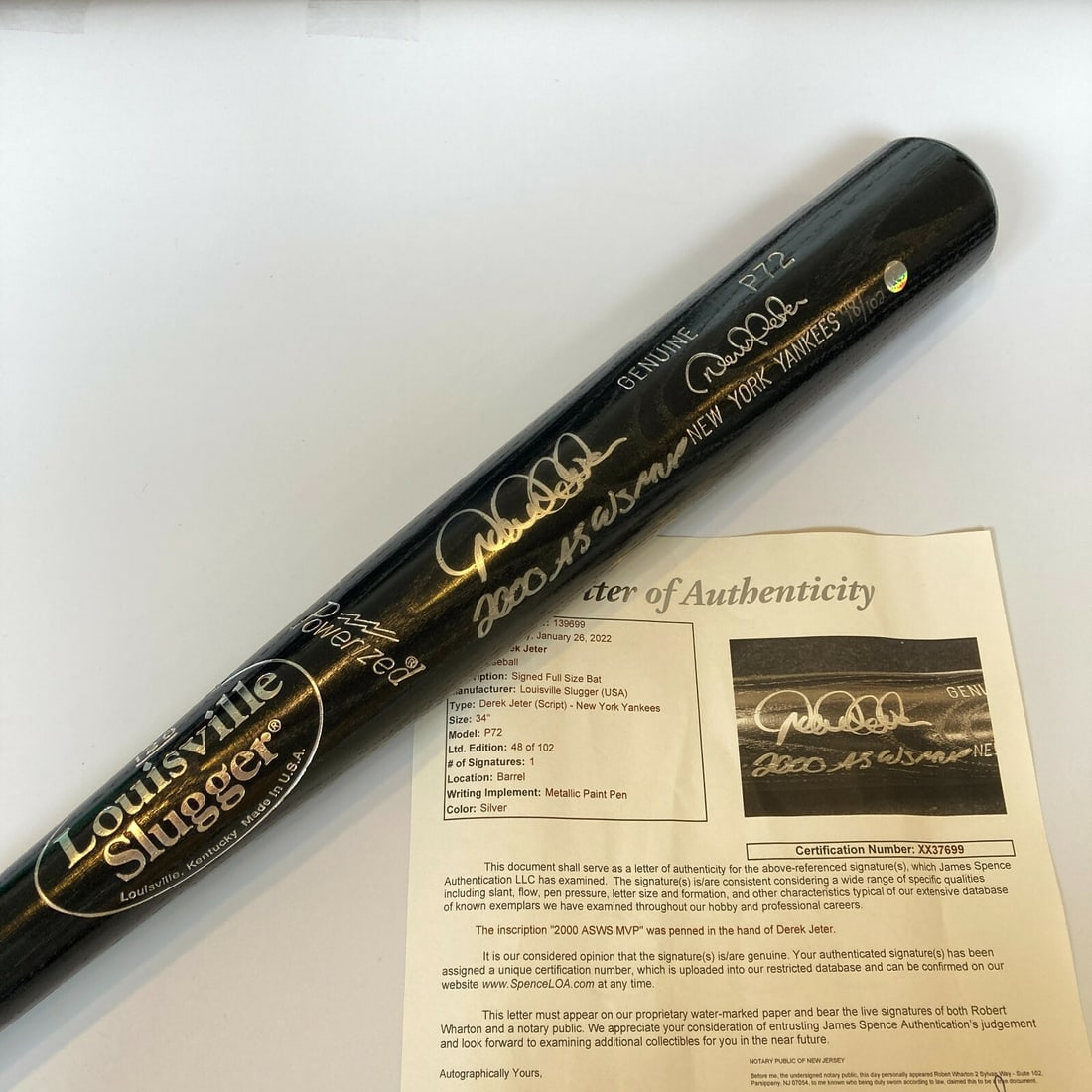 Derek Jeter Signed Louisville Slugger Bat 2000 AS WS MVP JSA COA Limited Edition 48/102: Derek Jeter Signed Louisville Slugger Bat 2000 AS WS MVP JSA COA Limited Edition 48/102 This limited edition Derek Jeter signed and inscribed Louisville Slugger Model P72 baseball bat is a must-have f