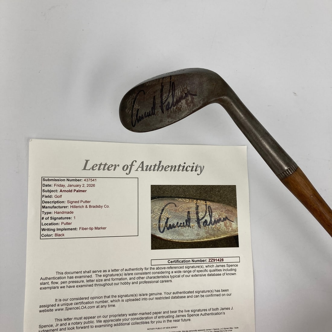 Vintage Hillerich & Bradsby Golf Club Signed by Arnold Palmer with JSA COA: Vintage Hillerich & Bradsby Golf Club Signed by Arnold Palmer with JSA COA This vintage Hillerich & Bradsby golf club features the signature of legendary golfer Arnold Palmer, signed in black marker o