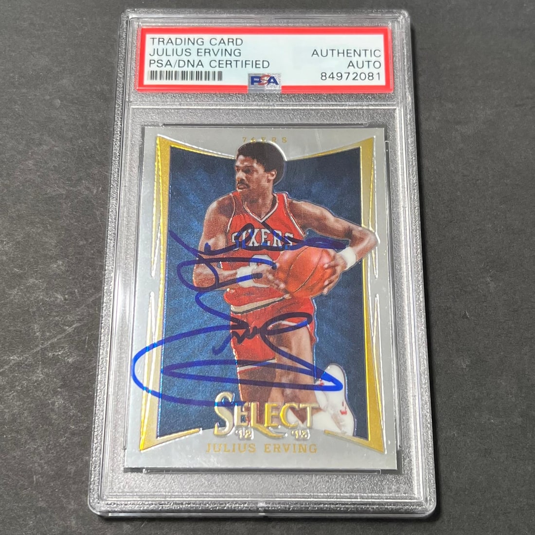 2012-13 Panini Select Julius Erving Signed Card PSA Authenticated: 2012-13 Panini Select Julius Erving Signed Card PSA Authenticated This is a 2012-13 Panini #128 Julius Erving autographed sports trading card featuring the legendary player from the Philadelphia 76ers