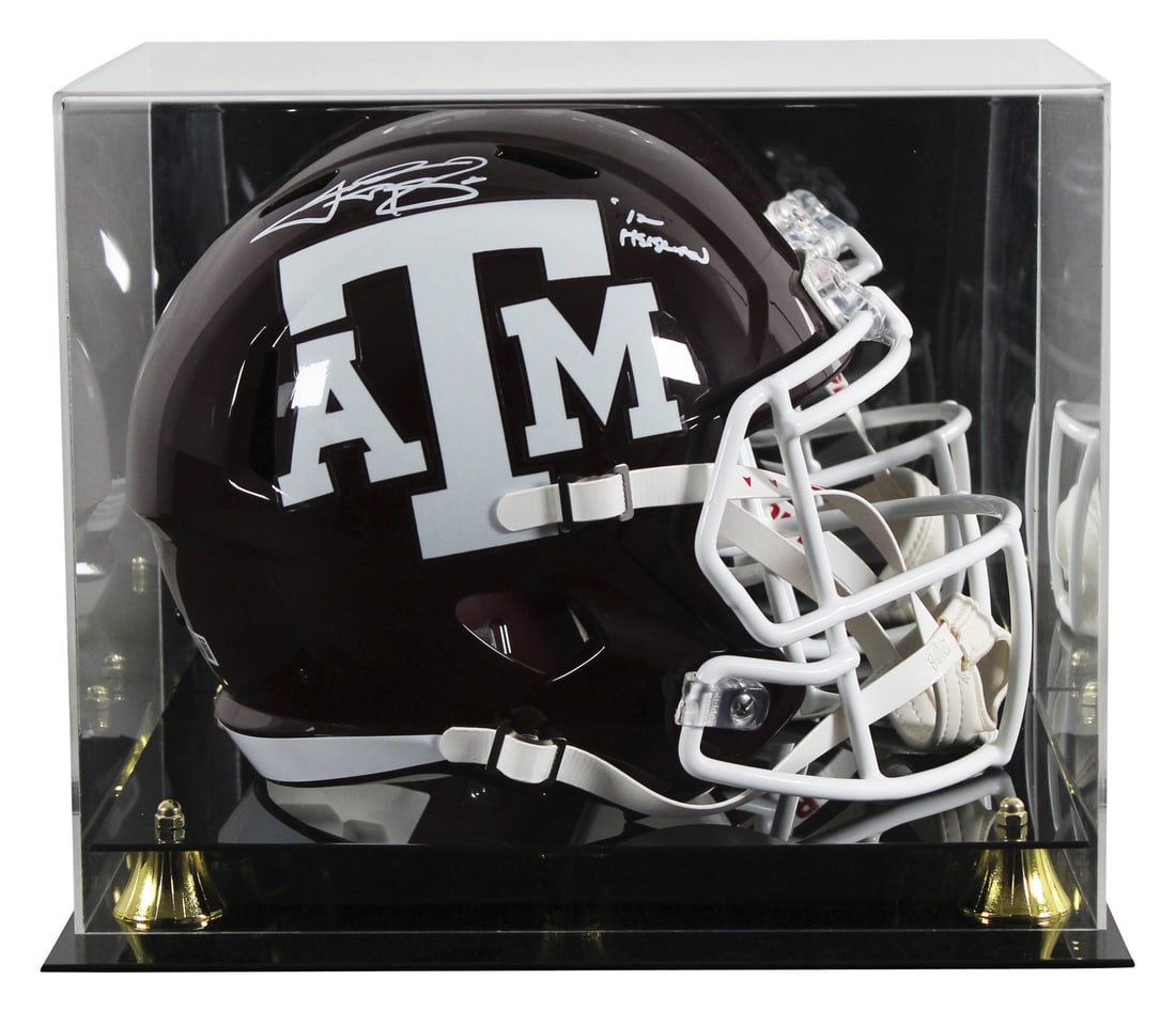 Johnny Manziel Autographed Texas A&M Full Size Helmet With BAS Witnessed Authentication: Johnny Manziel Autographed Texas A&M Full Size Helmet With BAS Witnessed Authentication This maroon full-size Speed Rep helmet features a hand-signed autograph by Johnny Manziel, including the inscrip