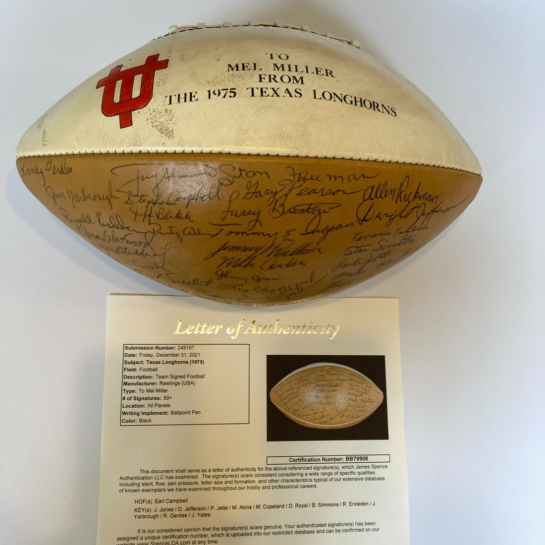 Rare 1975 Texas Longhorns Team Signed Football 50+ Sigs JSA COA: Rare 1975 Texas Longhorns Team Signed Football 50+ Sigs JSA COA This rare 1975 Texas Longhorns team signed football is a unique collectible featuring over 50 signatures, including the legendary Earl C