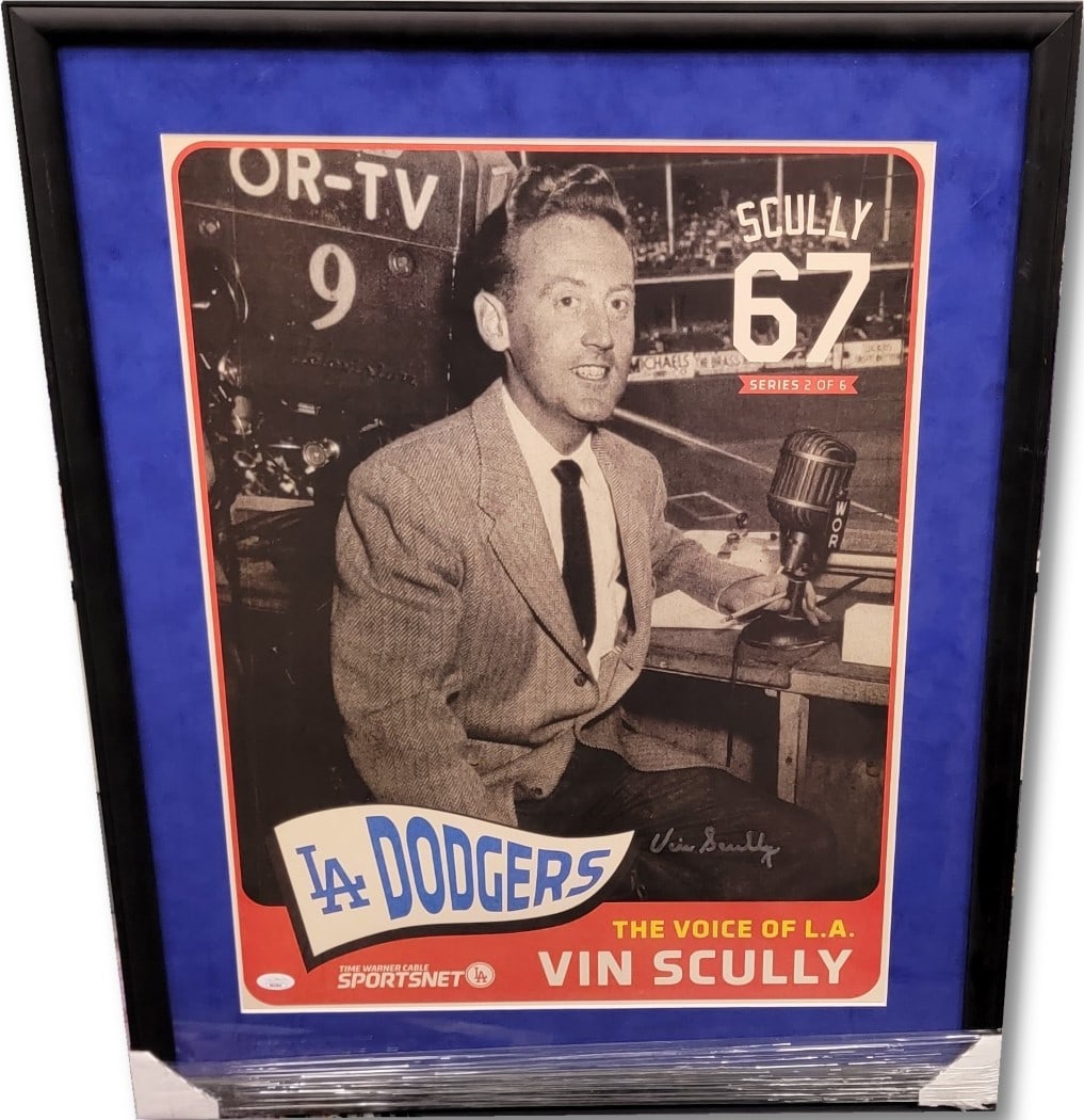 Vin Scully Signed Dodgers 18x24 Poster Framed JSA Authenticated: Vin Scully Signed Dodgers 18x24 Poster Framed JSA Authenticated Celebrate the legendary broadcaster Vin Scully with this autographed 18x24 poster, beautifully framed and perfect for any Los Angeles Do